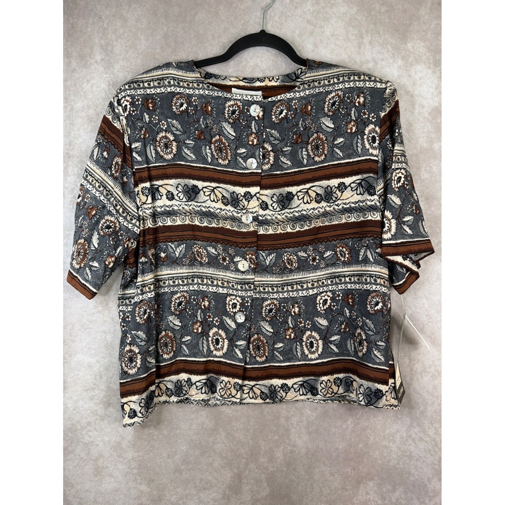 NWT Lee Winter Blouse Women XL Multicolor Floral Border‎ Print Button Rayon USA